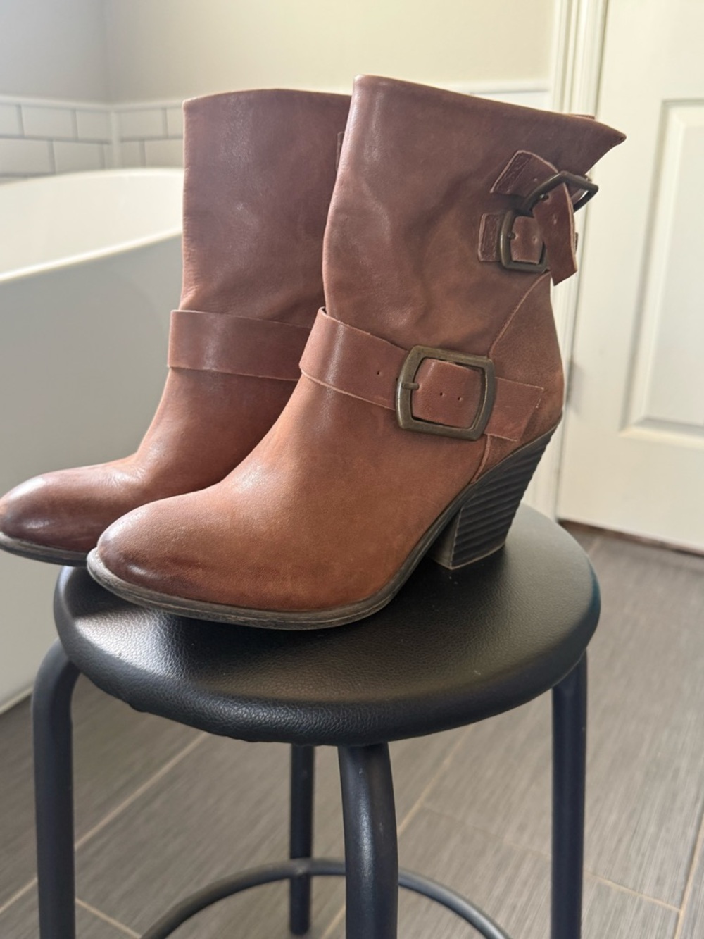 Lucky Brand Cognac Brown Buckle Ankle Boots
